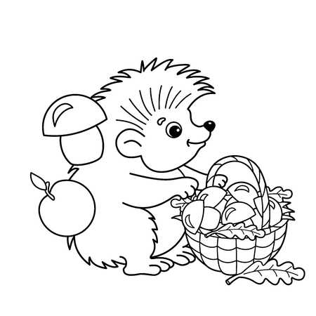 Online coloring book: Coloring page hedgehog guarding a basket with apples